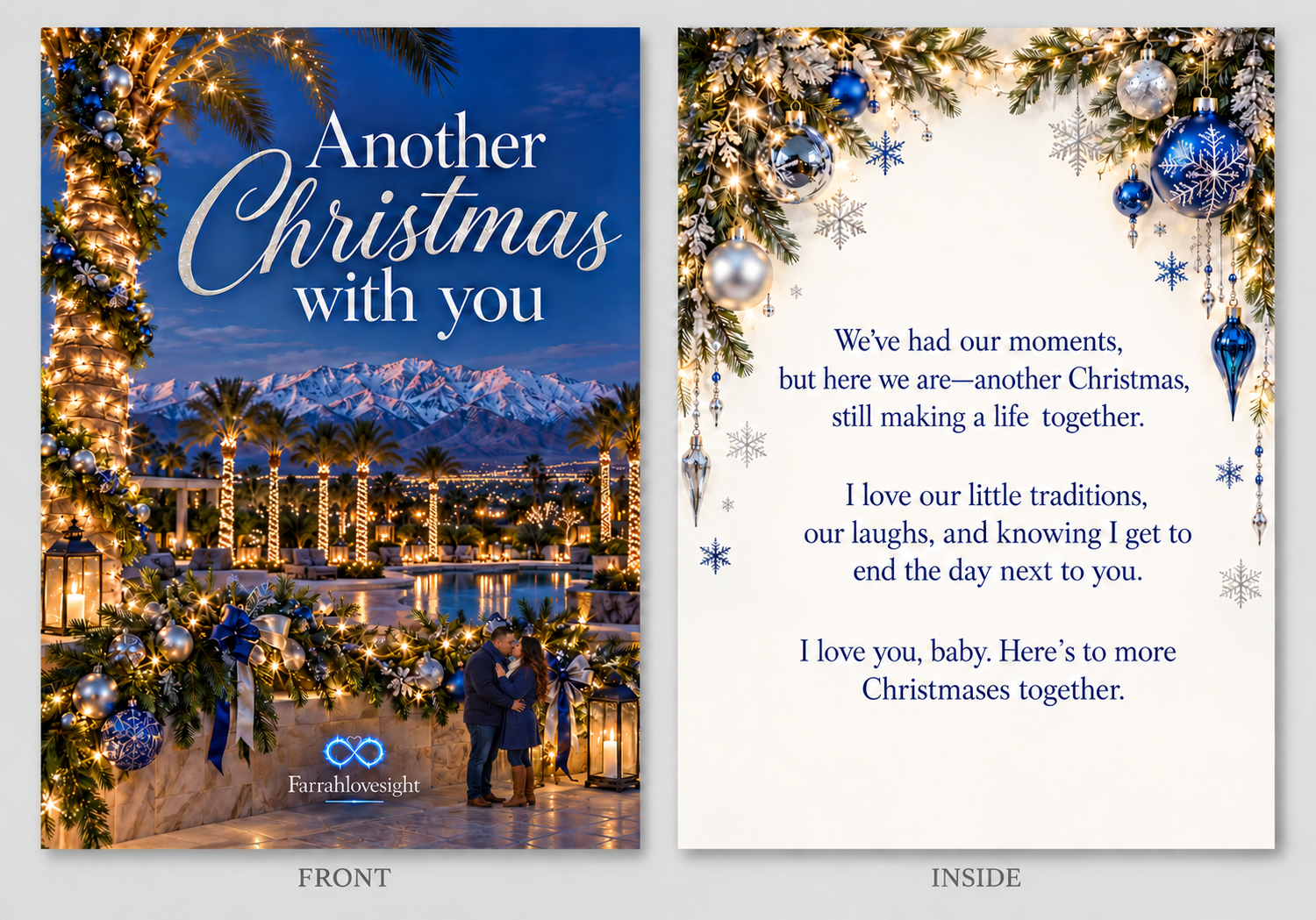 Another Christmas with You printable card with snowy desert mountains, Christmas lights, blue and silver ornaments, and a tiny kissing couple
