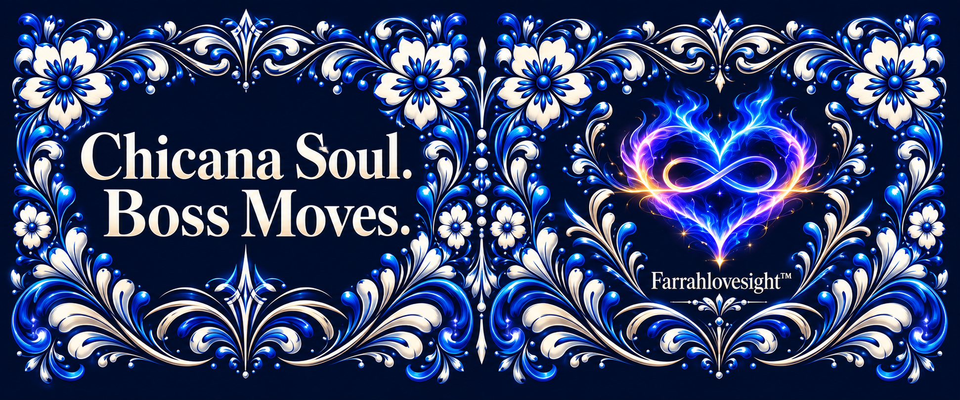 Flat artwork for the Chicana Soul Boss Moves mug: blue-and-ivory floral decoration, the slogan, and Farrahlovesight’s flaming infinity heart