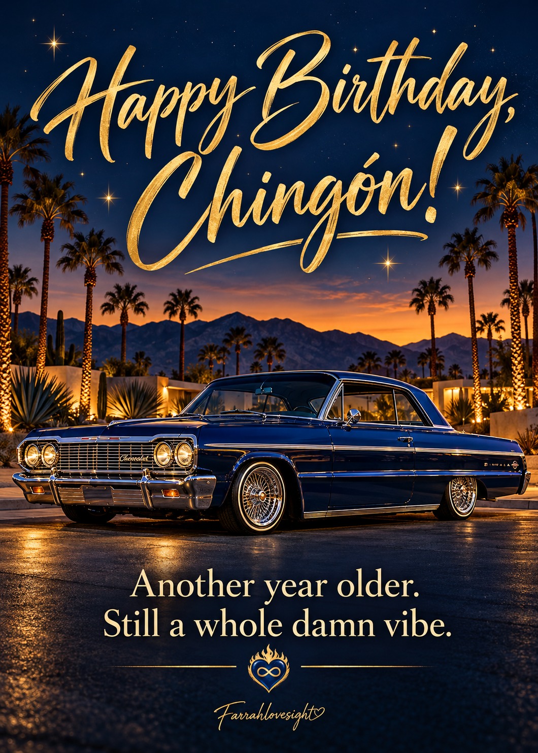Happy Birthday, Chingón! card featuring a classic blue lowrider at a desert sunset