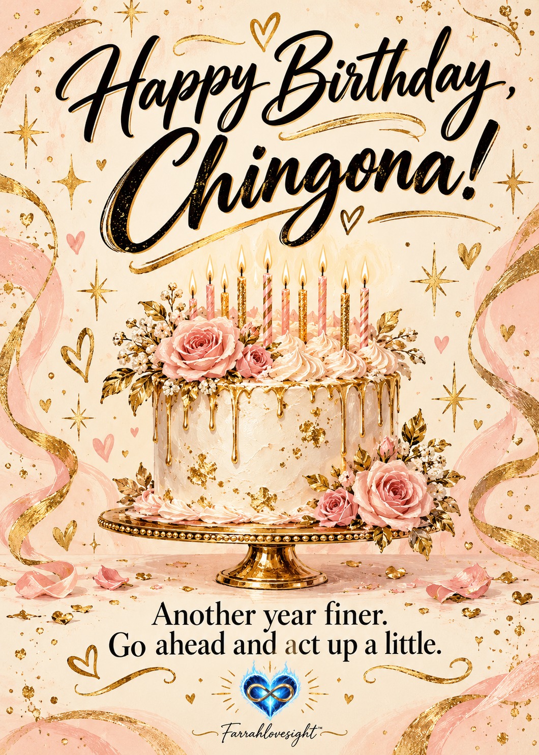 Happy Birthday, Chingona! printable birthday card with a pink and gold cake and blue flaming infinity heart
