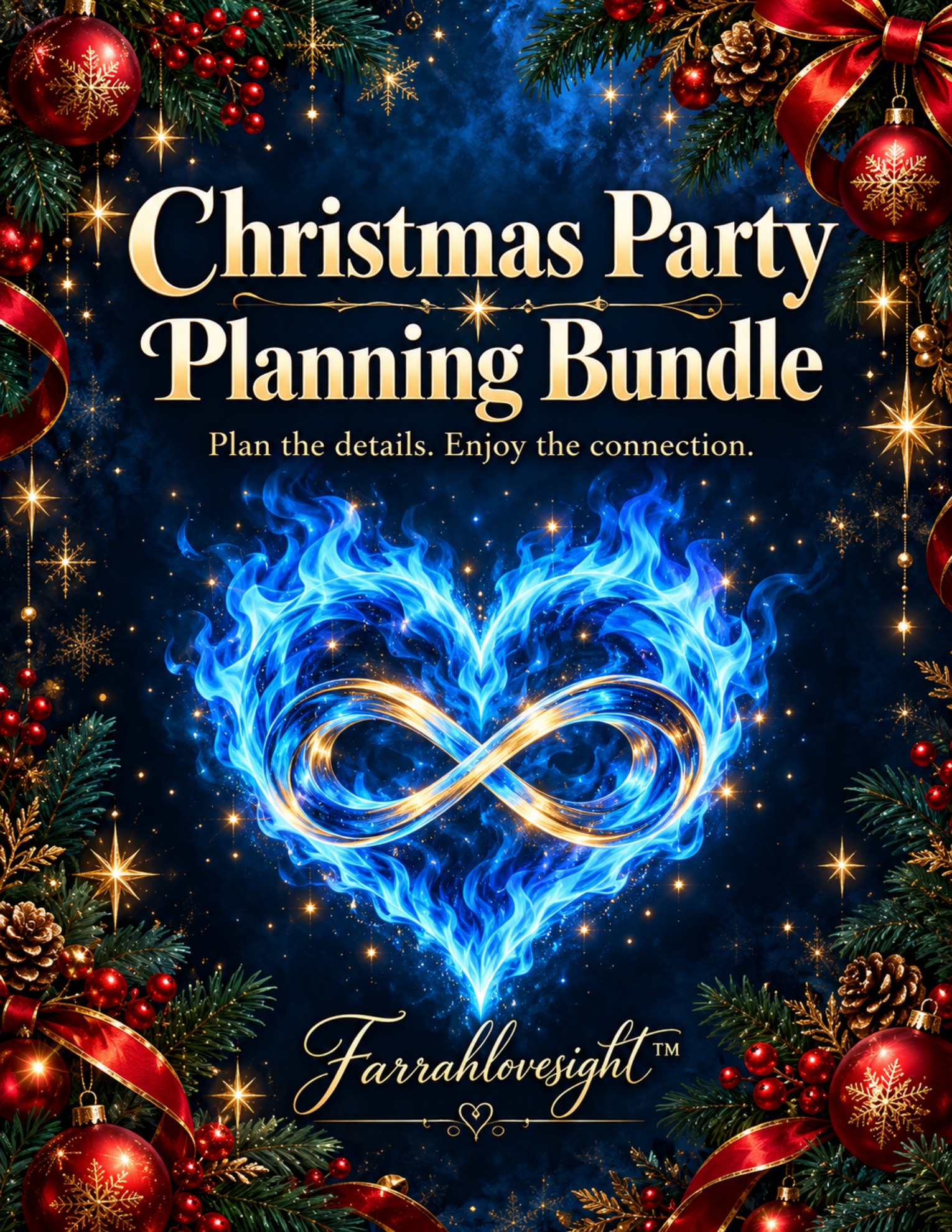 Christmas Party Planning Bundle by Farrahlovesight, with festive greenery, red ornaments, and a blue flaming infinity heart