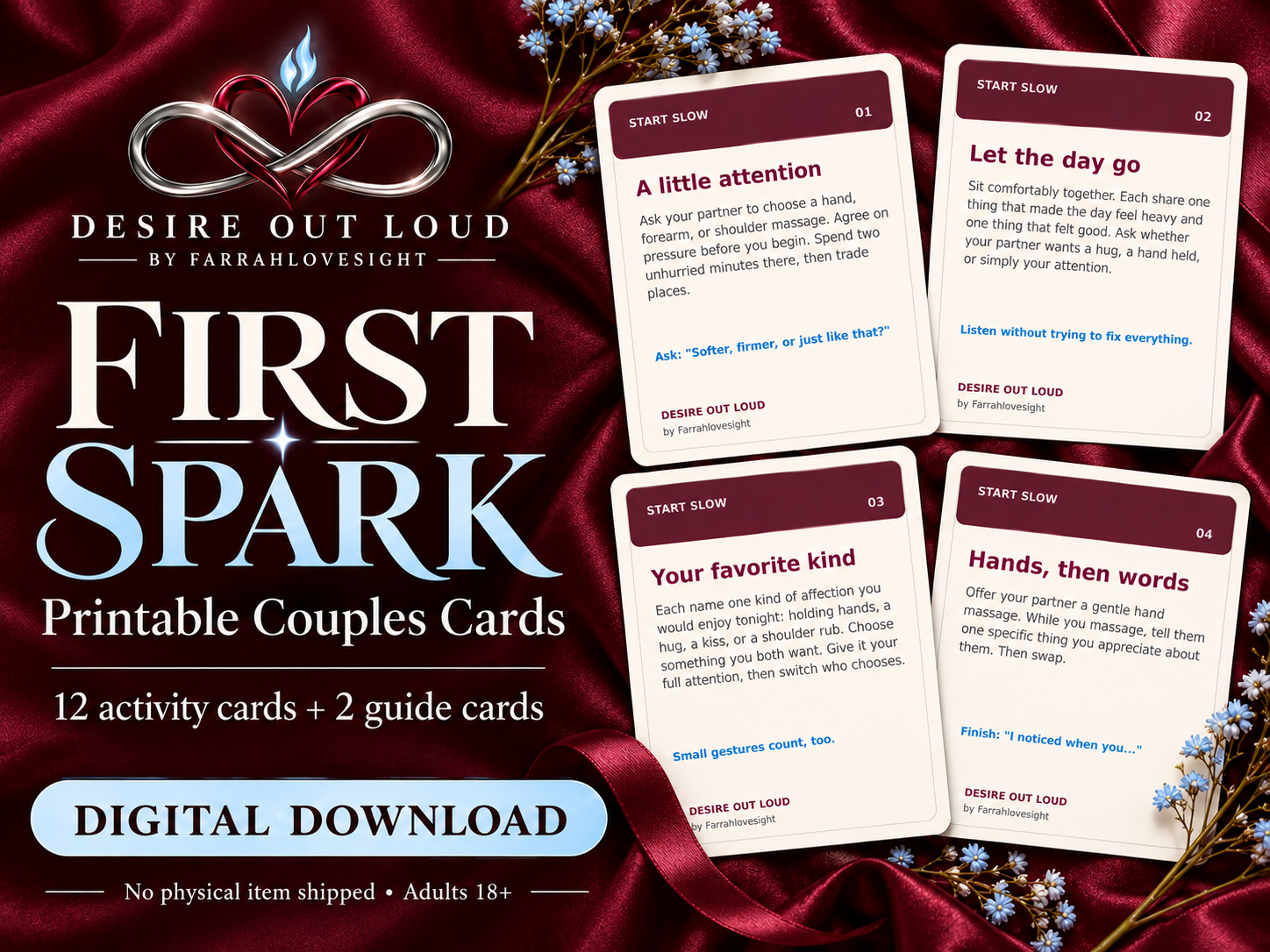 First Spark printable couples cards by Desire Out Loud: 12 activity cards and 2 guide cards, digital download