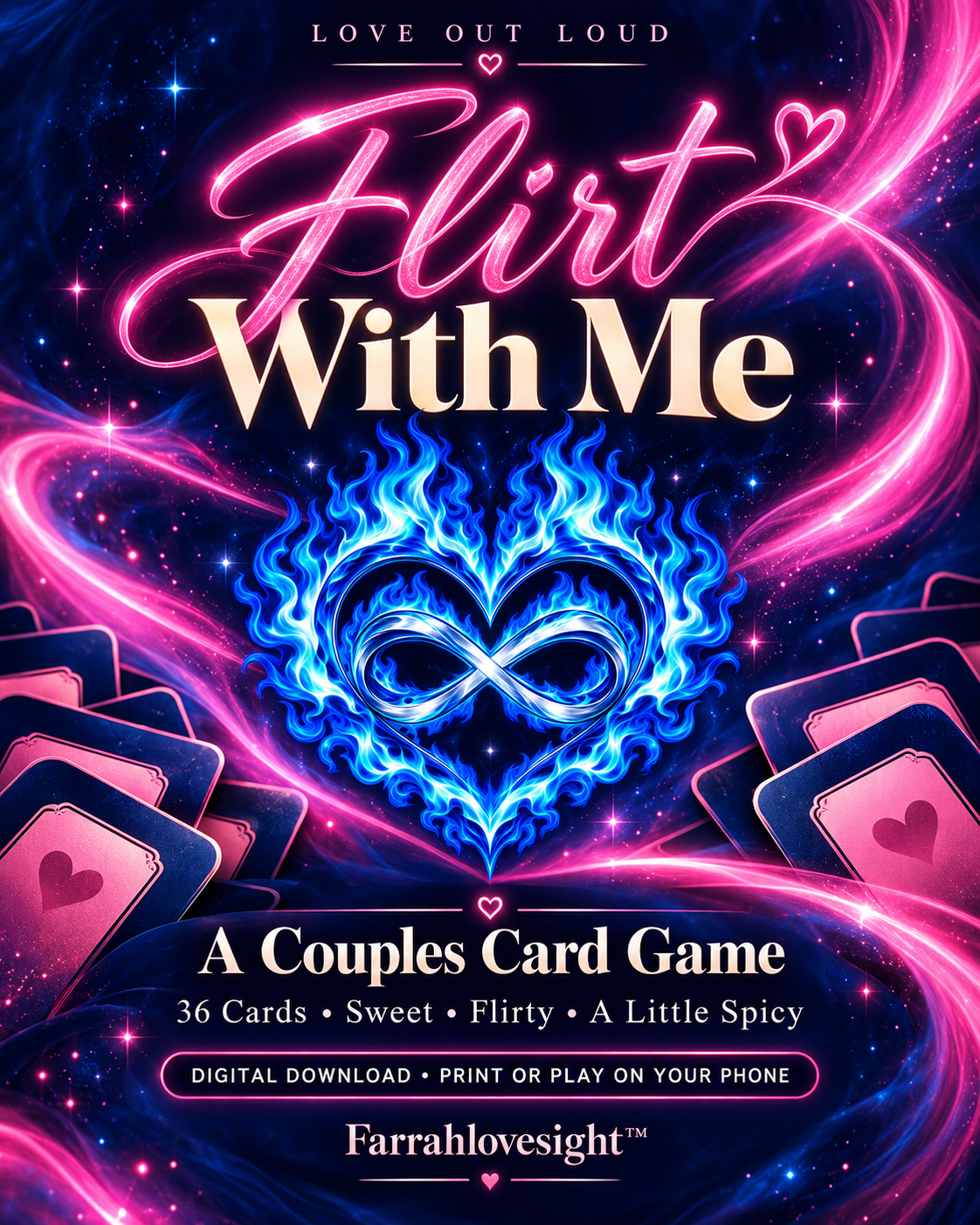 Flirt With Me couples card game cover with pink neon lettering and the blue flaming heart and infinity symbol