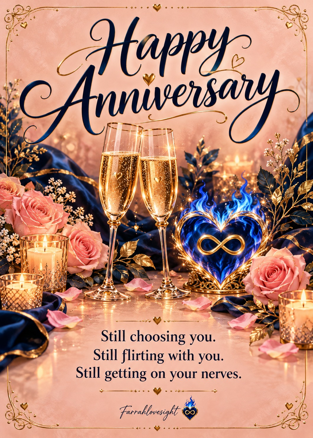 Happy Anniversary printable card with pink roses, champagne glasses, and the blue flaming infinity heart