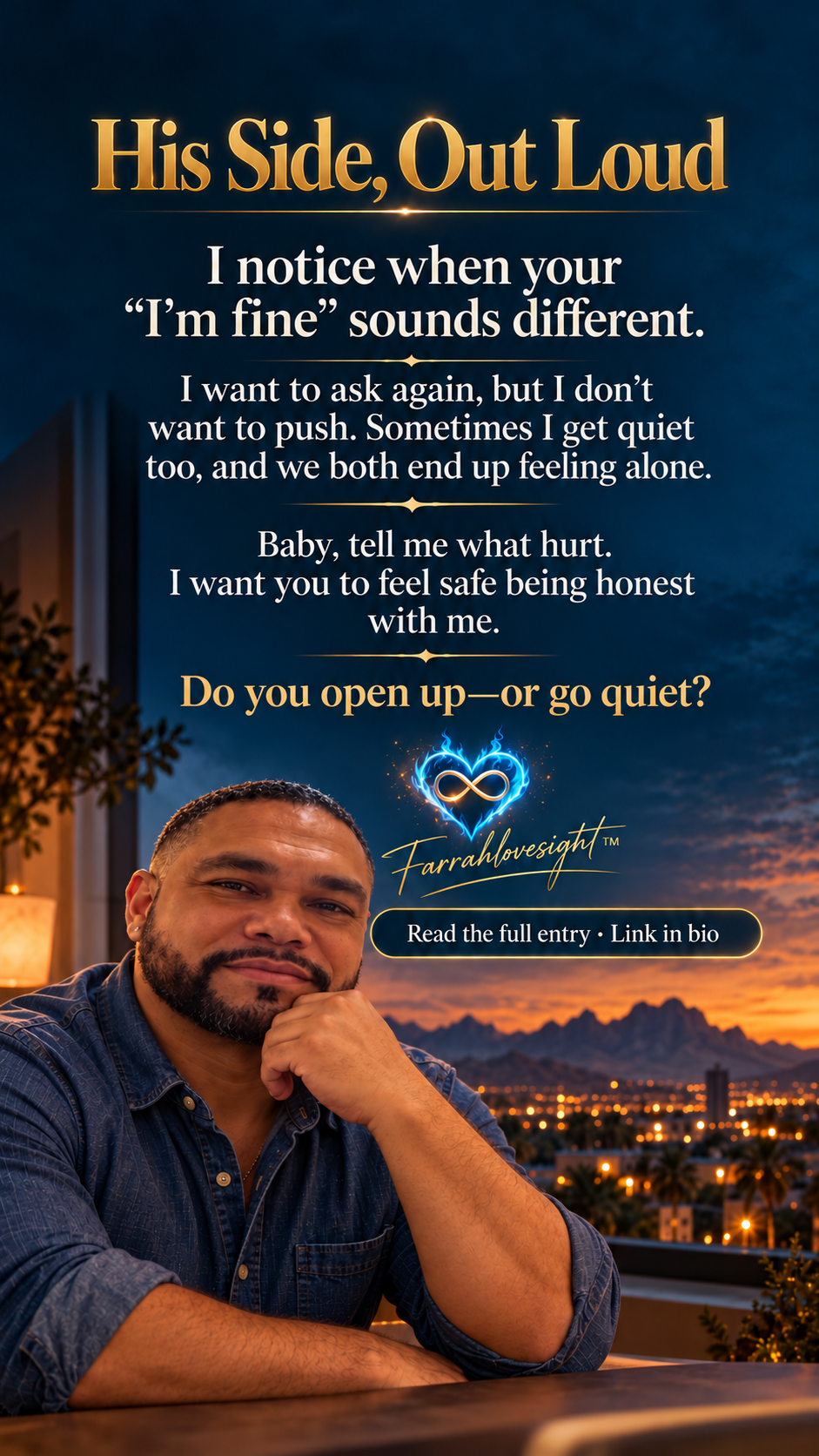 His Side Out Loud: I notice when your I’m fine sounds different. Deep blue desert sunset artwork with gold and cream lettering, featuring Jesse seated in a denim shirt.