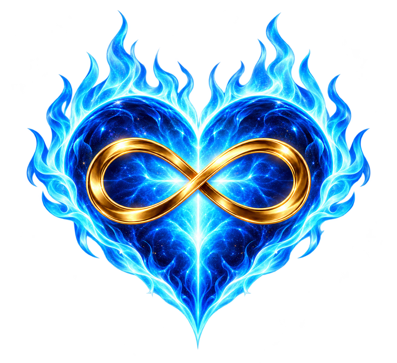 Blue flaming heart with a gold infinity symbol