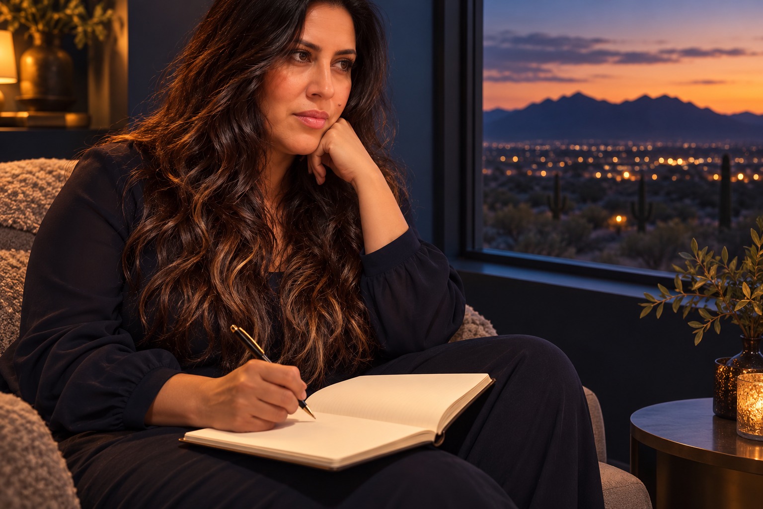 Farrah in a quiet moment with her journal, lit by warm golden light in a midnight-blue room
