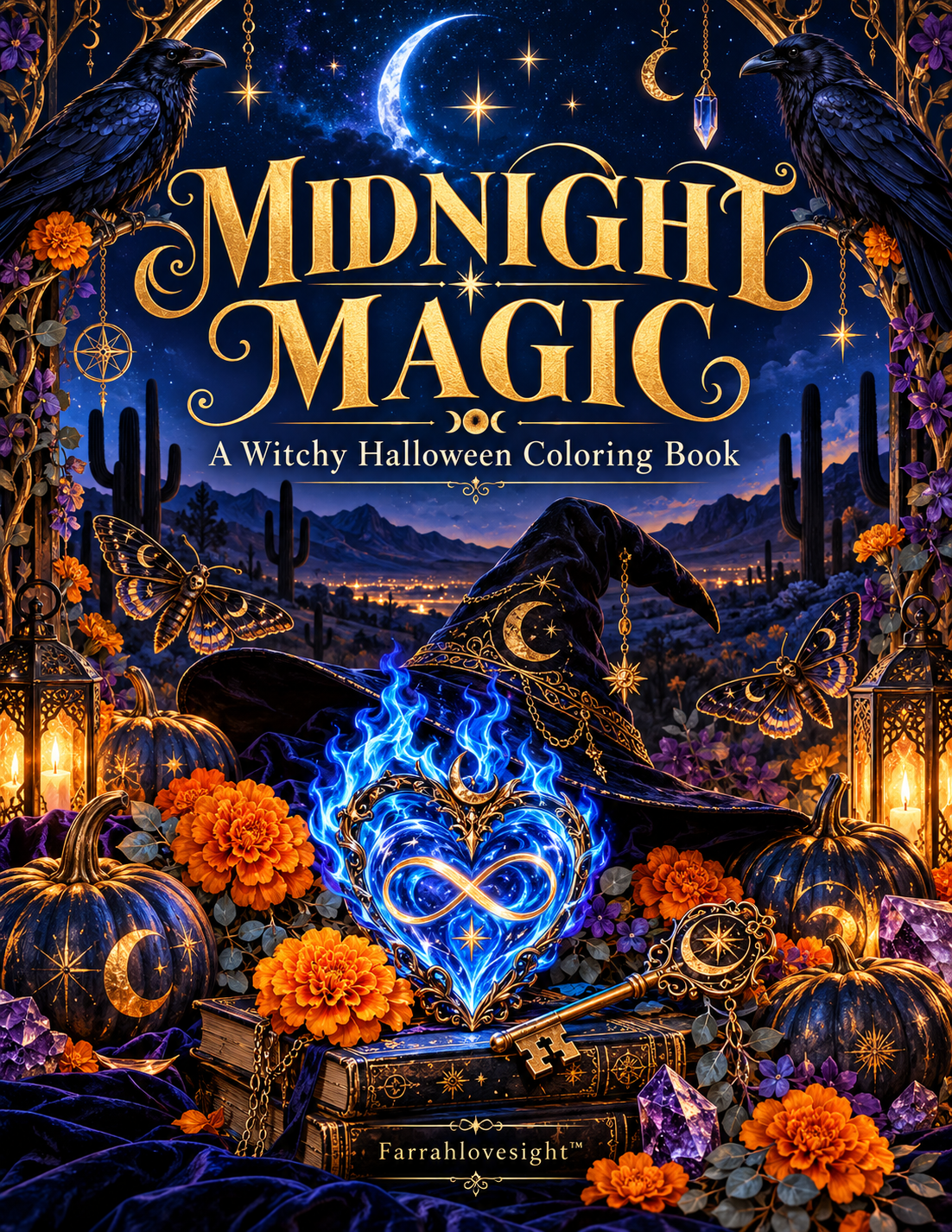 Midnight Magic: A Witchy Halloween Coloring Book by Farrahlovesight, with a blue flaming infinity heart, witch hat, pumpkins, and marigolds