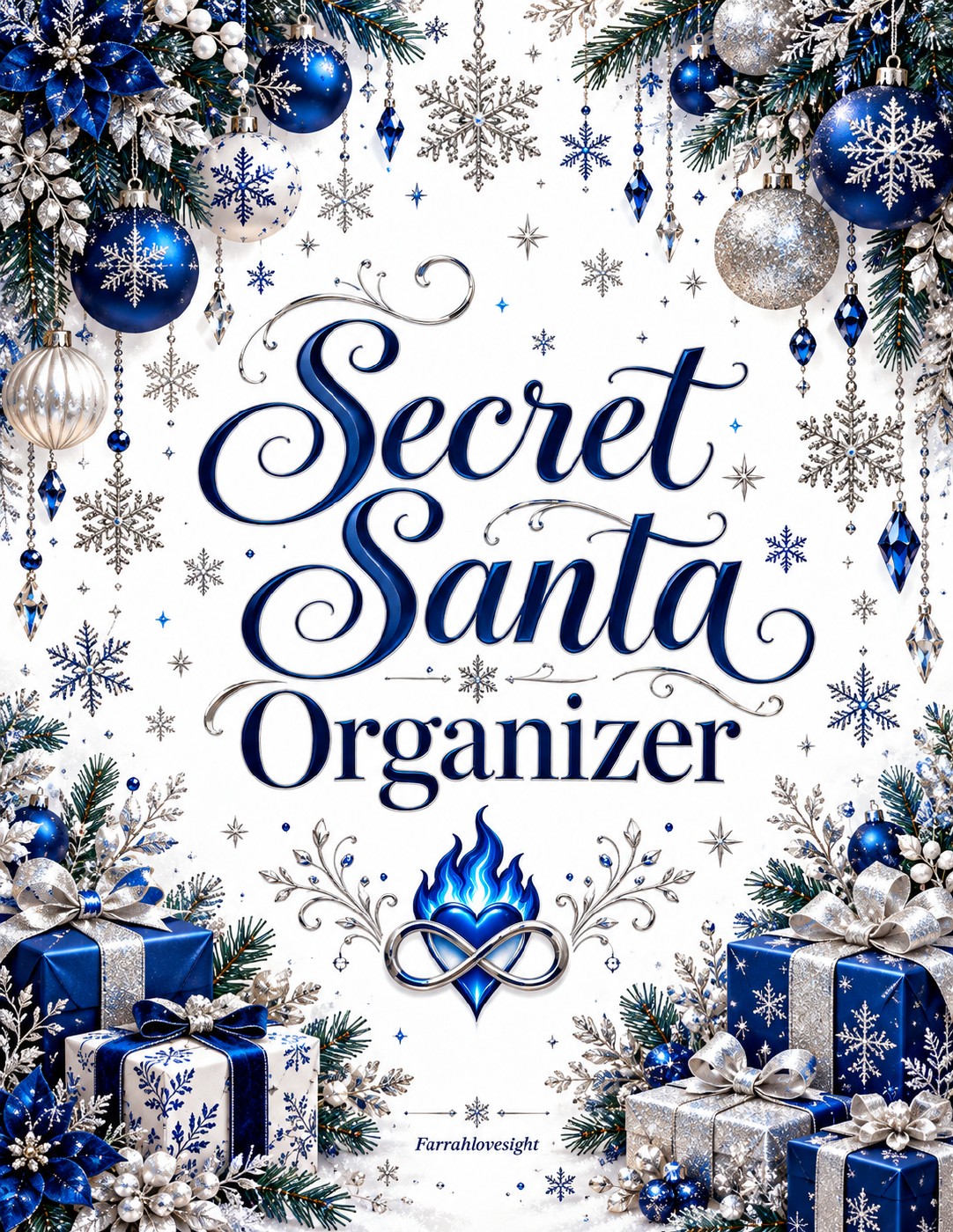 Secret Santa Organizer by Farrahlovesight with snowy white, blue and silver ornaments, gifts, and the blue flaming infinity heart