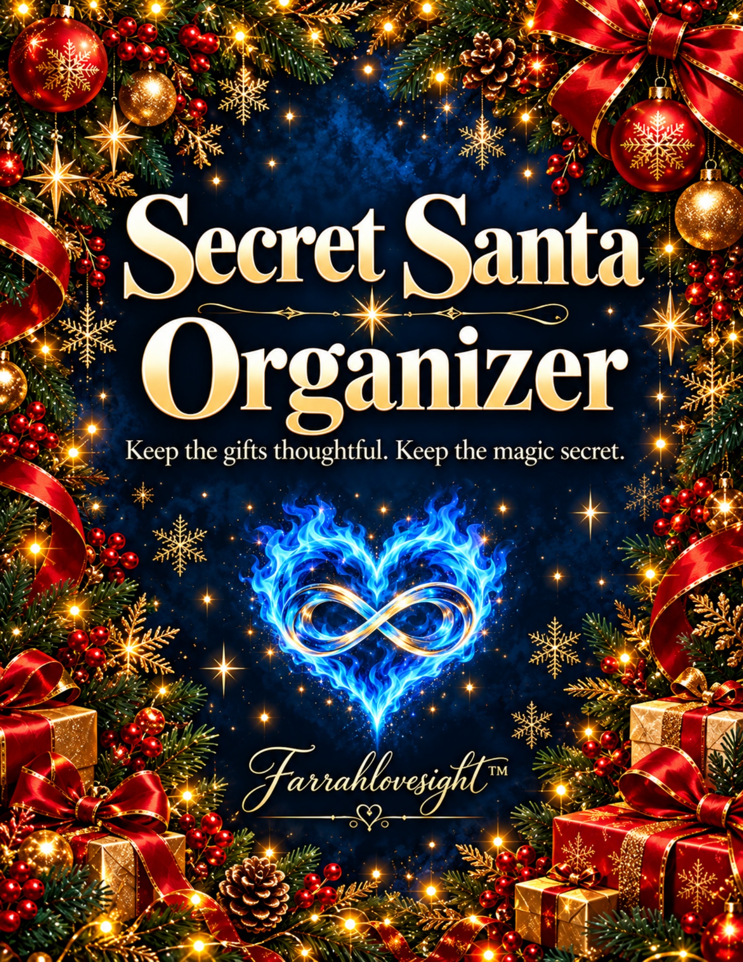 Secret Santa Organizer by Farrahlovesight with red and gold Christmas ornaments and the blue flaming infinity heart